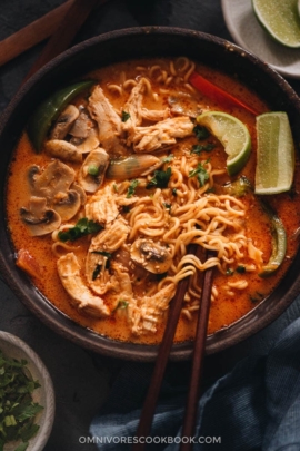 Thai peanut butter ramen in a bowl close up