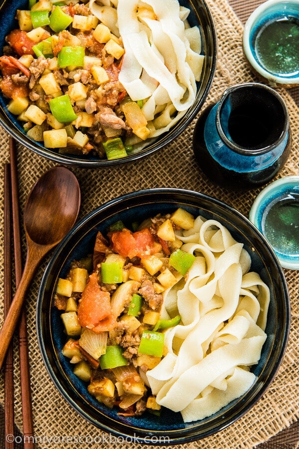 The tender ground lamb meat is cooked with potato, tomato, onion, and pepper to create a simple, colorful, and delectable noodle sauce - Uyghur-Style Noodles with Lamb Sauce (Laghman, 新疆拌面) | omnivorescookbook.com