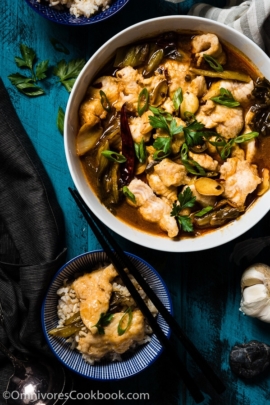 Suan Cai Yu (酸菜鱼, Sichuan Fish with Pickled Mustard Greens) - The fish is sliced thinly and poached in a rich broth made from chicken stock, fish stock, and Sichuan pickles. | omnivorescookbook.com