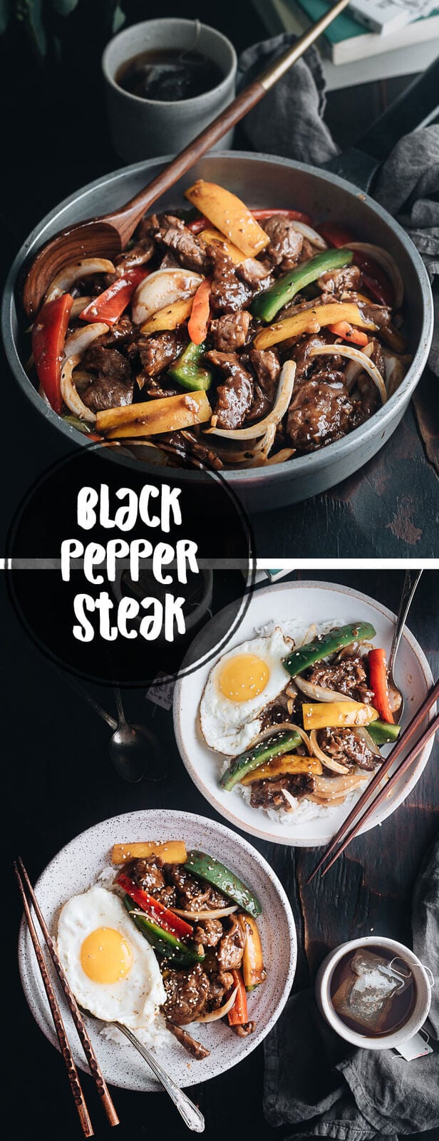 Restaurant-style black pepper steak that is tender, juicy and rich, with crisp veggies and a scrumptious sauce that goes perfectly with steamed rice. {Gluten Free Adaptable}