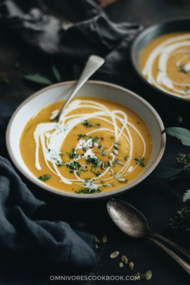 This vegetarian pumpkin soup is easy to prepare, requires minimal ingredients, and is super healthy and bursting with flavor. {Vegan, Gluten-Free}