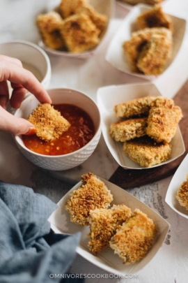 The most amazing vegetarian nuggets are baked to crispy perfection. They’re the perfect appetizer for your next game day party or movie night snack.