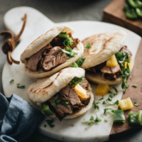 Three pork belly buns on marble serving board