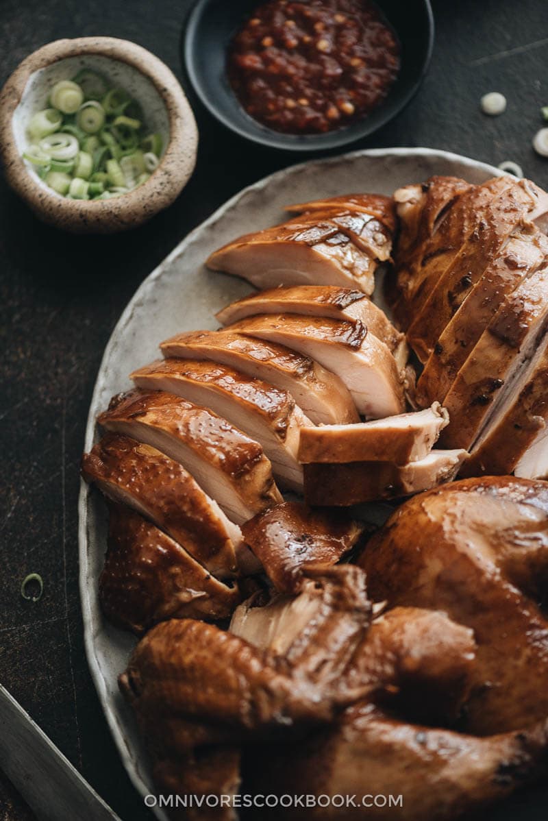 Sliced homemade soy sauce chicken close up