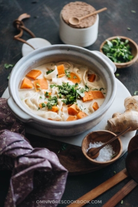 5-Ingredient coconut noodle soup with salt and cilantro on the side