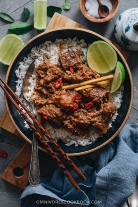 Beef rendang served on rice