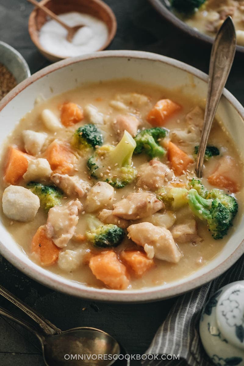 Creamy chicken sweet potato stew close-up