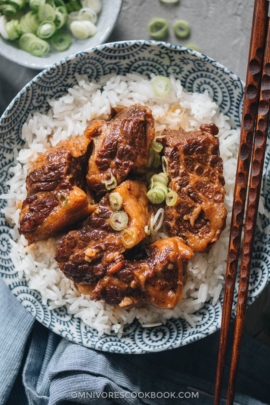 Braised beef brisket on top of rice