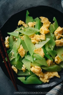 Celtuce stir fry with eggs close-up