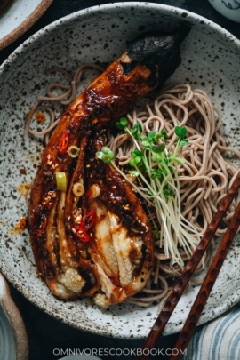 Peeled roasted eggplant with soba noodles