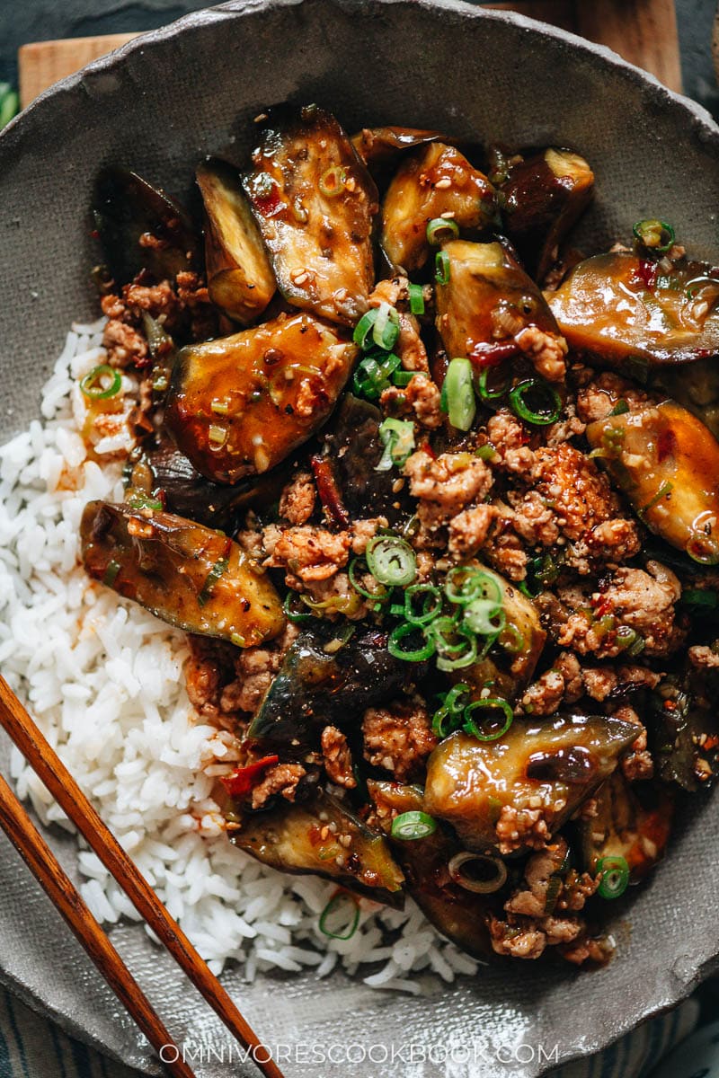 Chinese eggplant over rice close up