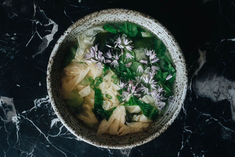 Vegan miso soup made with yuba sheets