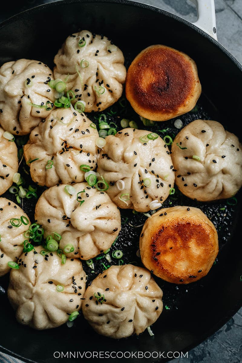 Shanghai pan fried pork buns close up