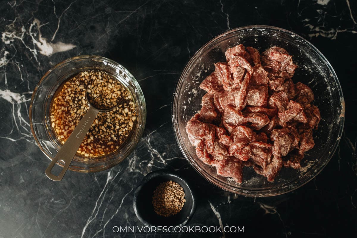 Mise-en-place for Chinese marinated aromatic beef