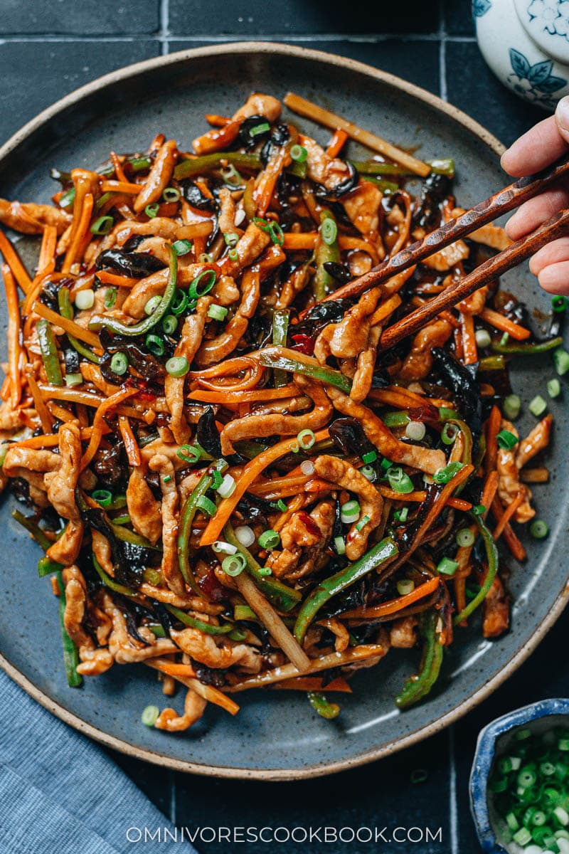 Shredded pork with garlic sauce on a plate close up