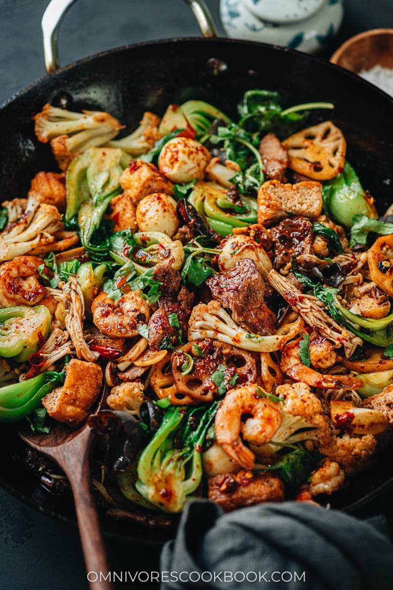 Homemade mala dry pot in a pan