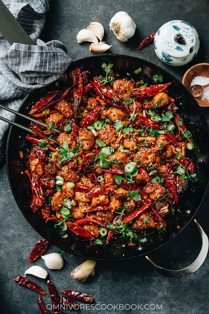 Homemade La Zi Ji in a large skillet