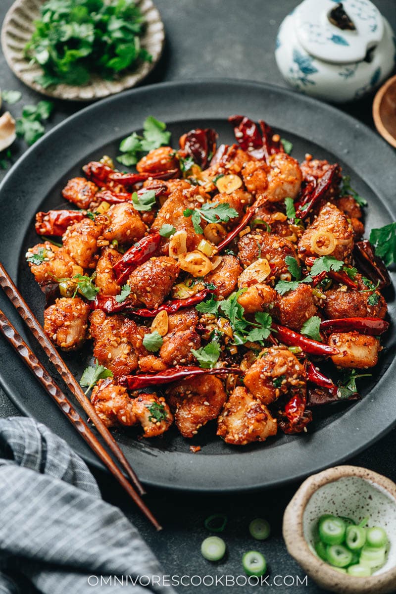 Plated Sichuan mala chicken close up