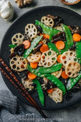 Stir fried lotus root with carrot, wood ear mushroom, and snow peas