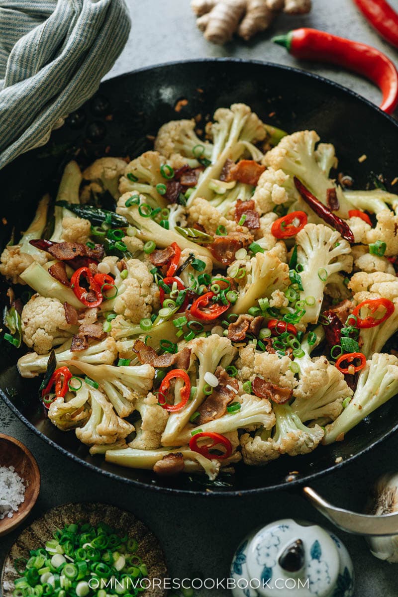 Homemade dry pot cauliflower in a pan