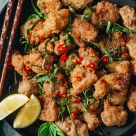 Air fryer salt and pepper chicken close up