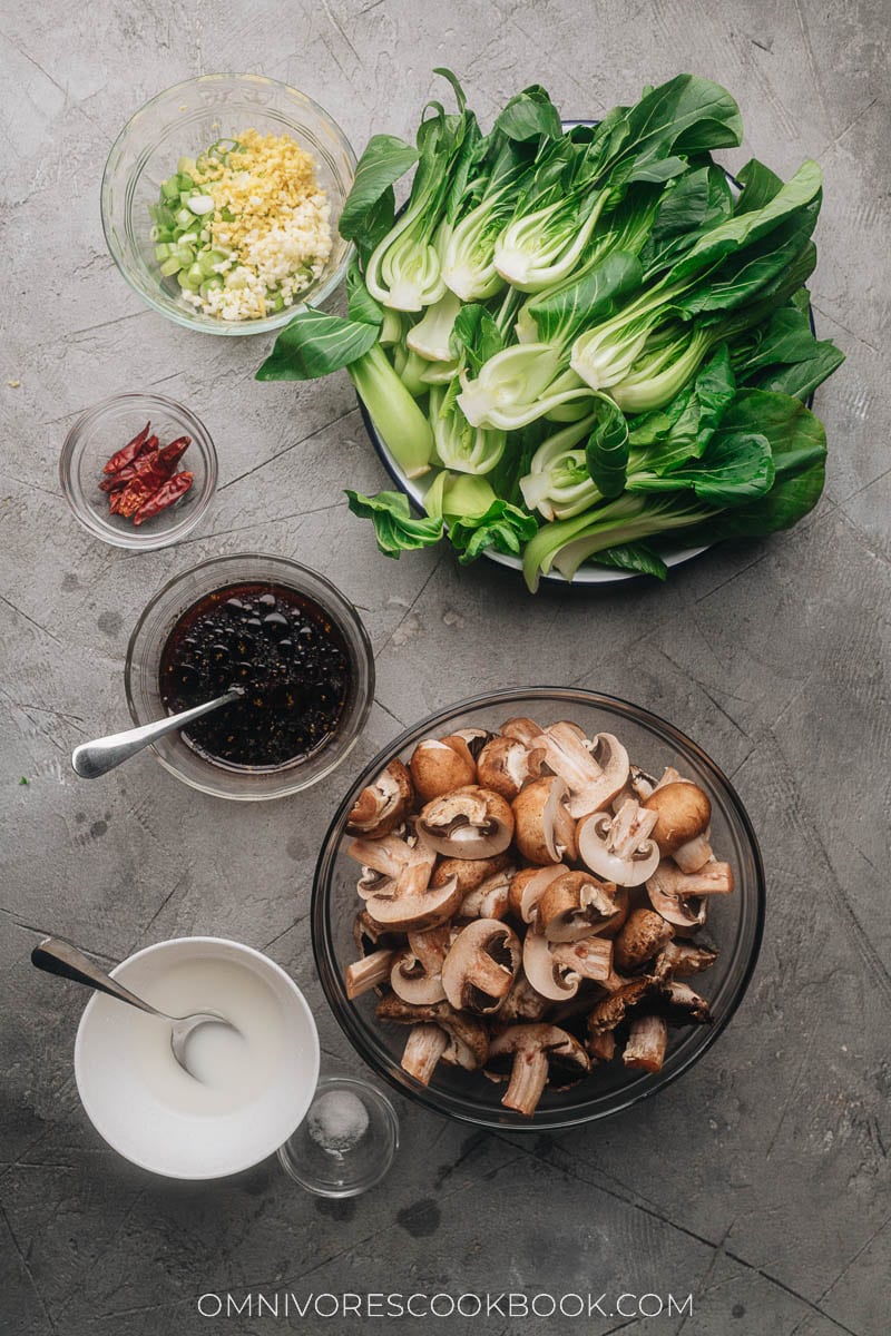 Ingredients for making bok choy and mushroom stir fry