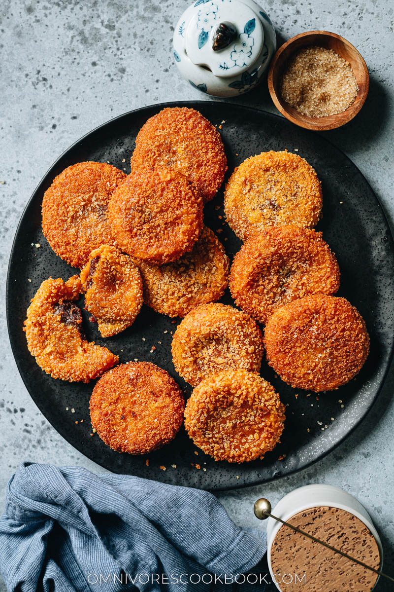 Fried pumpkin mochi on a plate