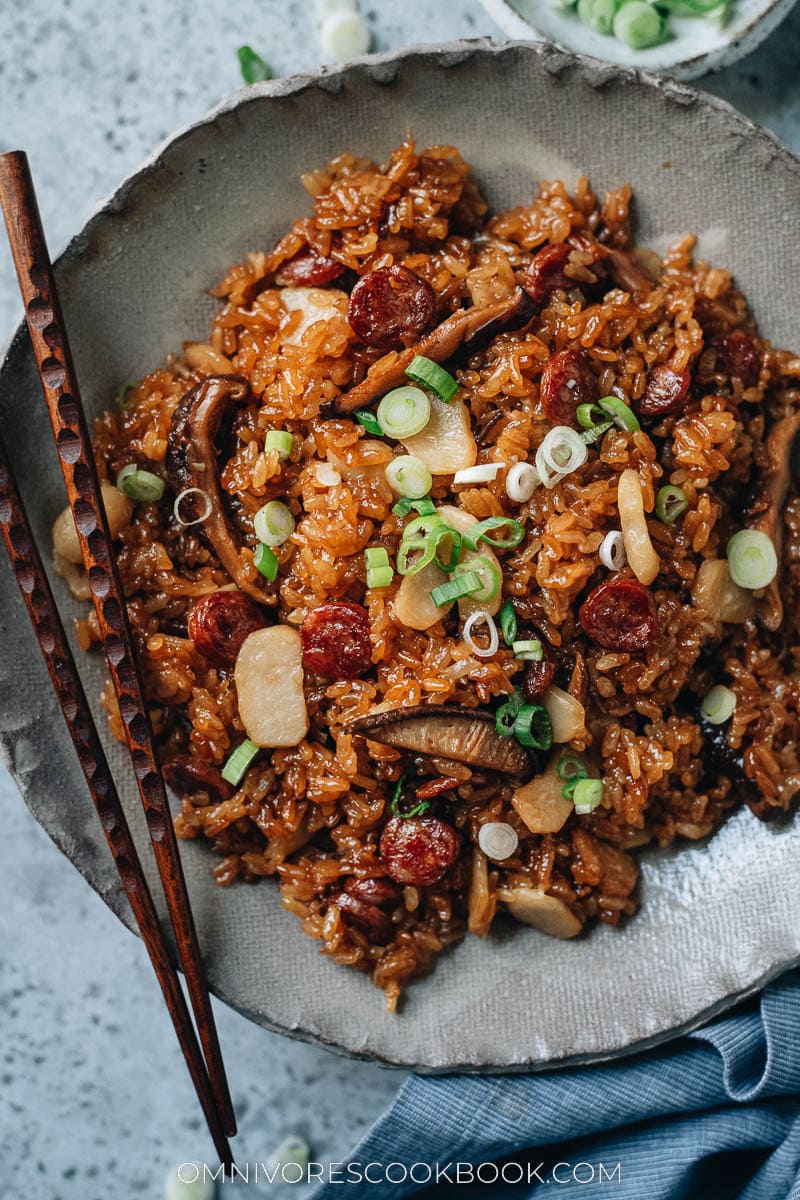 Chinese sausage rice in a bowl