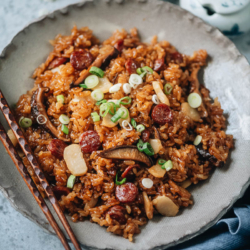 Chinese sausage rice (腊肠饭) made easy using the Instant Pot. No rice soaking required, minimal active cooking time, and perfect results. The rich and savory sticky rice is seasoned with soy sauce and mixed with sweet Chinese sausage and crunchy water chestnuts. It’s an ideal one-pot weekday dinner!