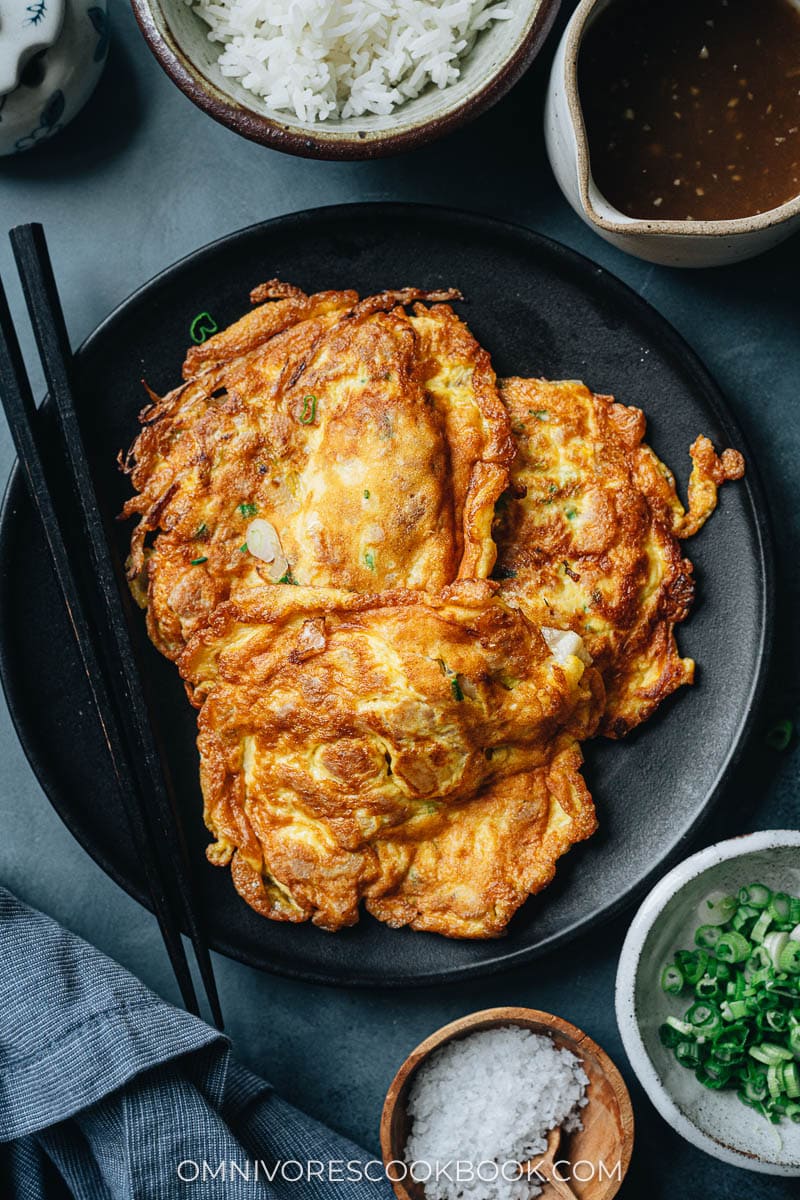 Chinese omelets in a plate with gravy