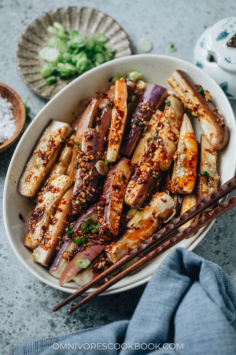 Steamed eggplant with a chili oil garlic sauce