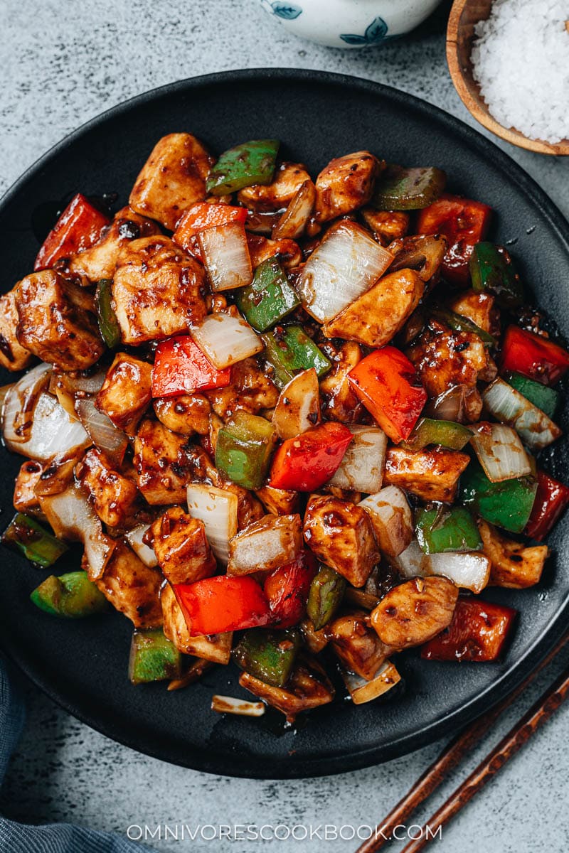 Chicken with black bean sauce close up