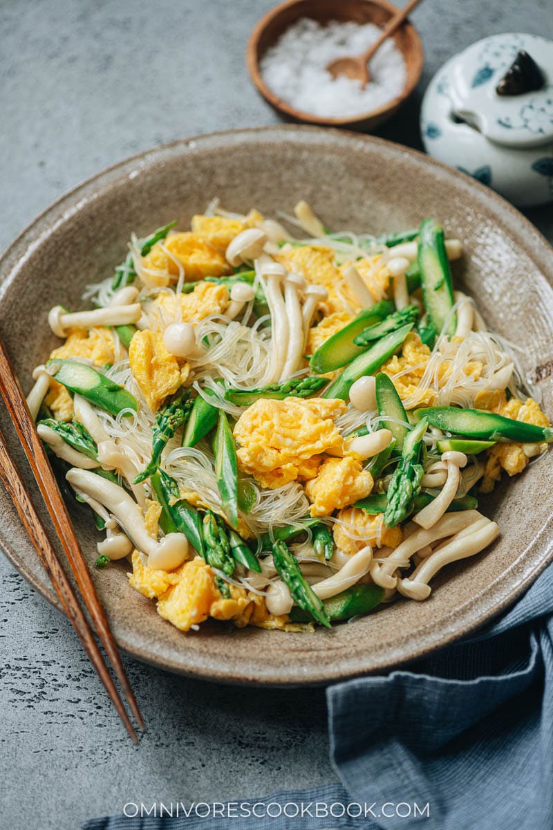 Yunnan style summer salad with asparagus, mushrooms and eggs