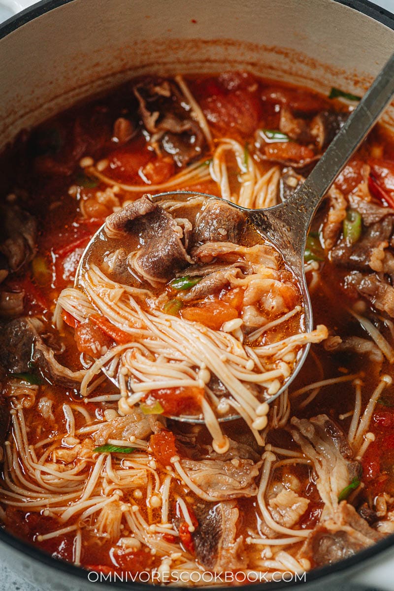 Chinese tomato beef soup close up