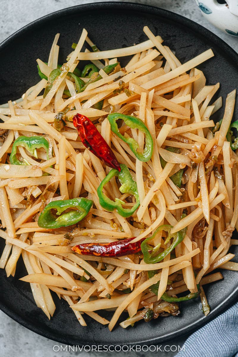 Chinese shredded potato stir fry close up