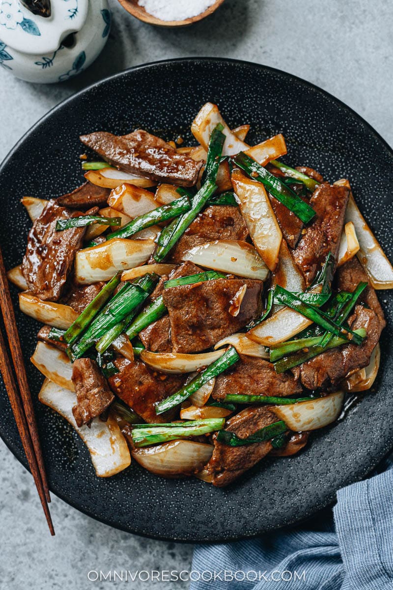 Homemade pork liver stir fry close up