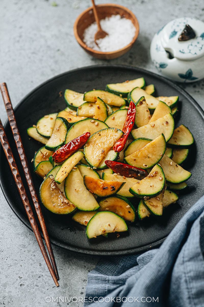 Sauteed summer squash with aromatics and dried chili pepper