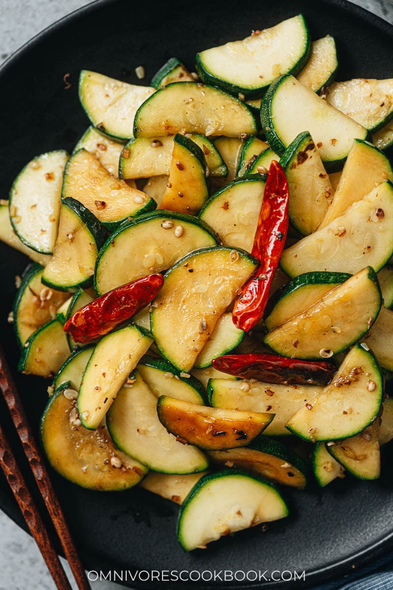 Chinese-style zucchini stir fry close up