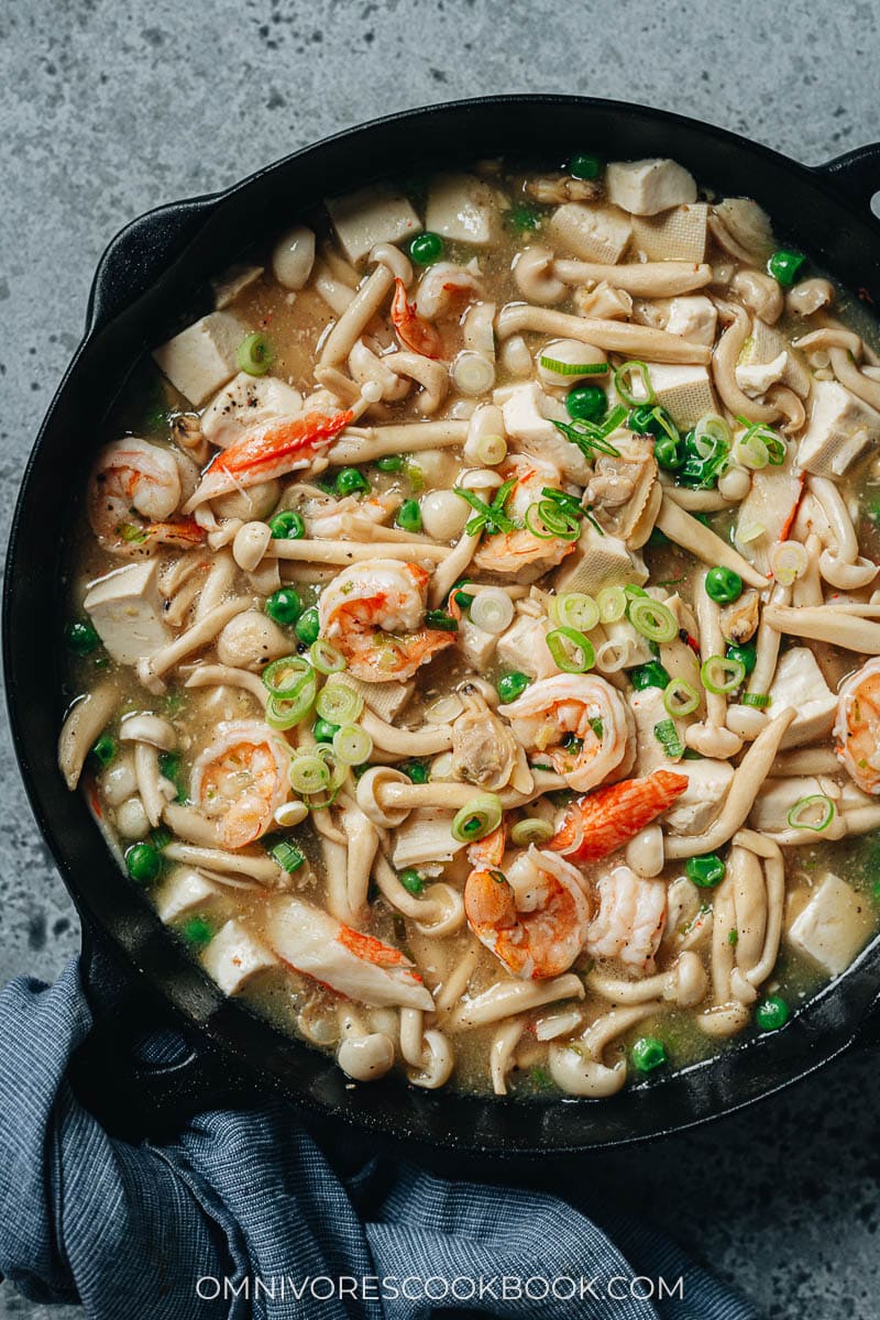 Seafood tofu stew close up