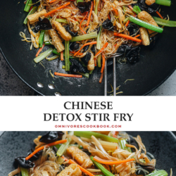 A colorful Chinese style detox stir fry that features crisp celery, flavorful fried tofu, crunchy mushrooms and tender glass noodles stir fried together with a savory sauce. It is a satisfying vegetarian dish that is super nutritious and filling. {Vegan, Gluten-Free Adaptable}