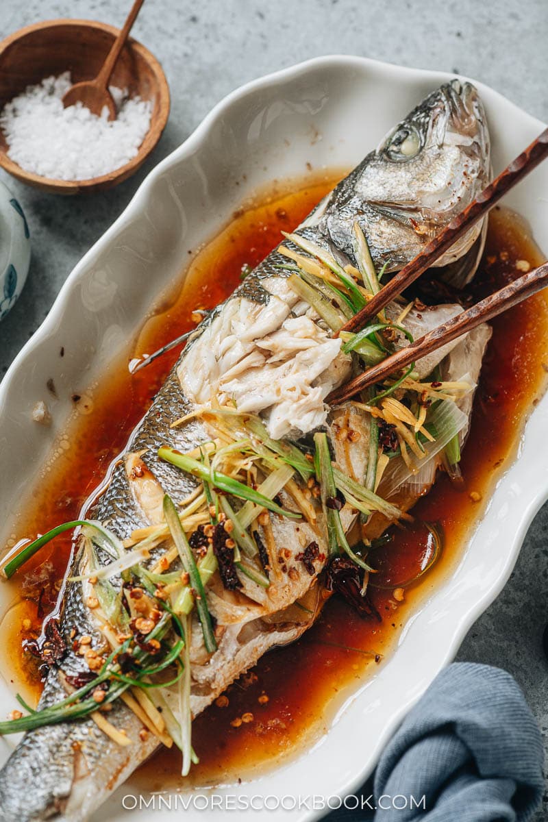 Chinese steamed whole fish close up