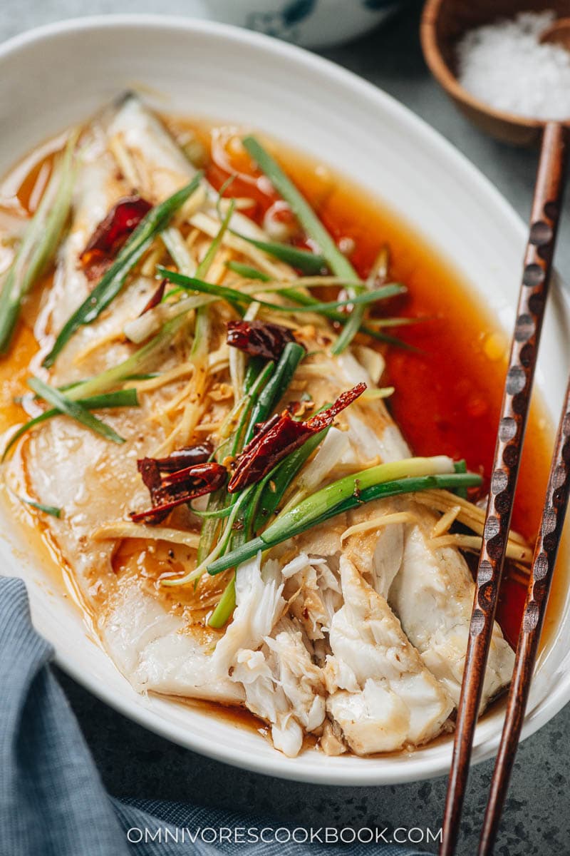 Steamed fish filet close up