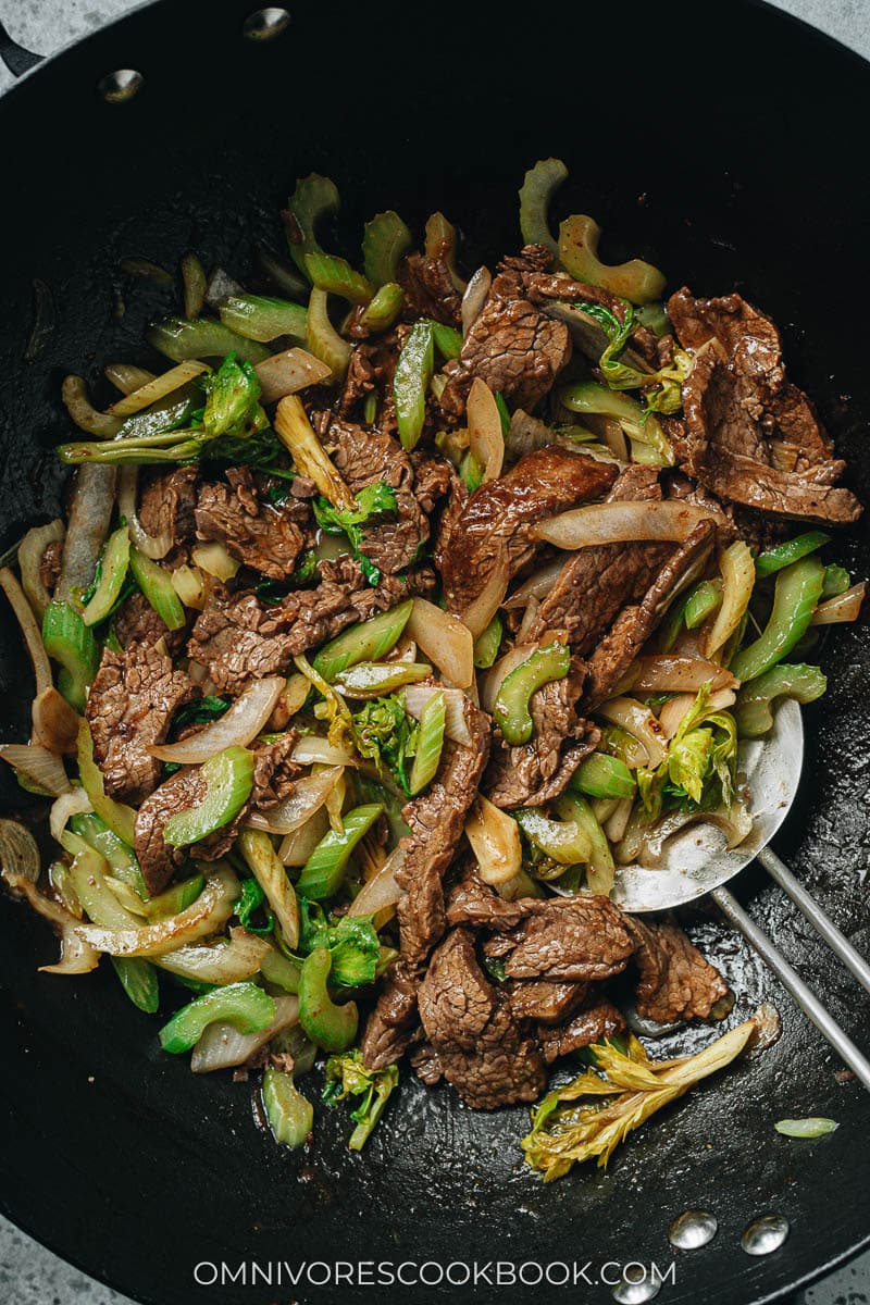 Beef and celery stir fry close up