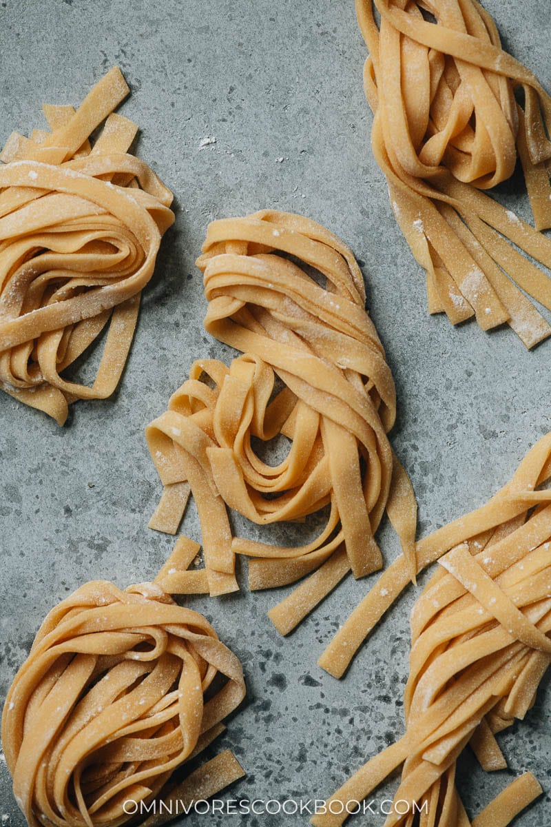 Chinese homemade egg noodles close up