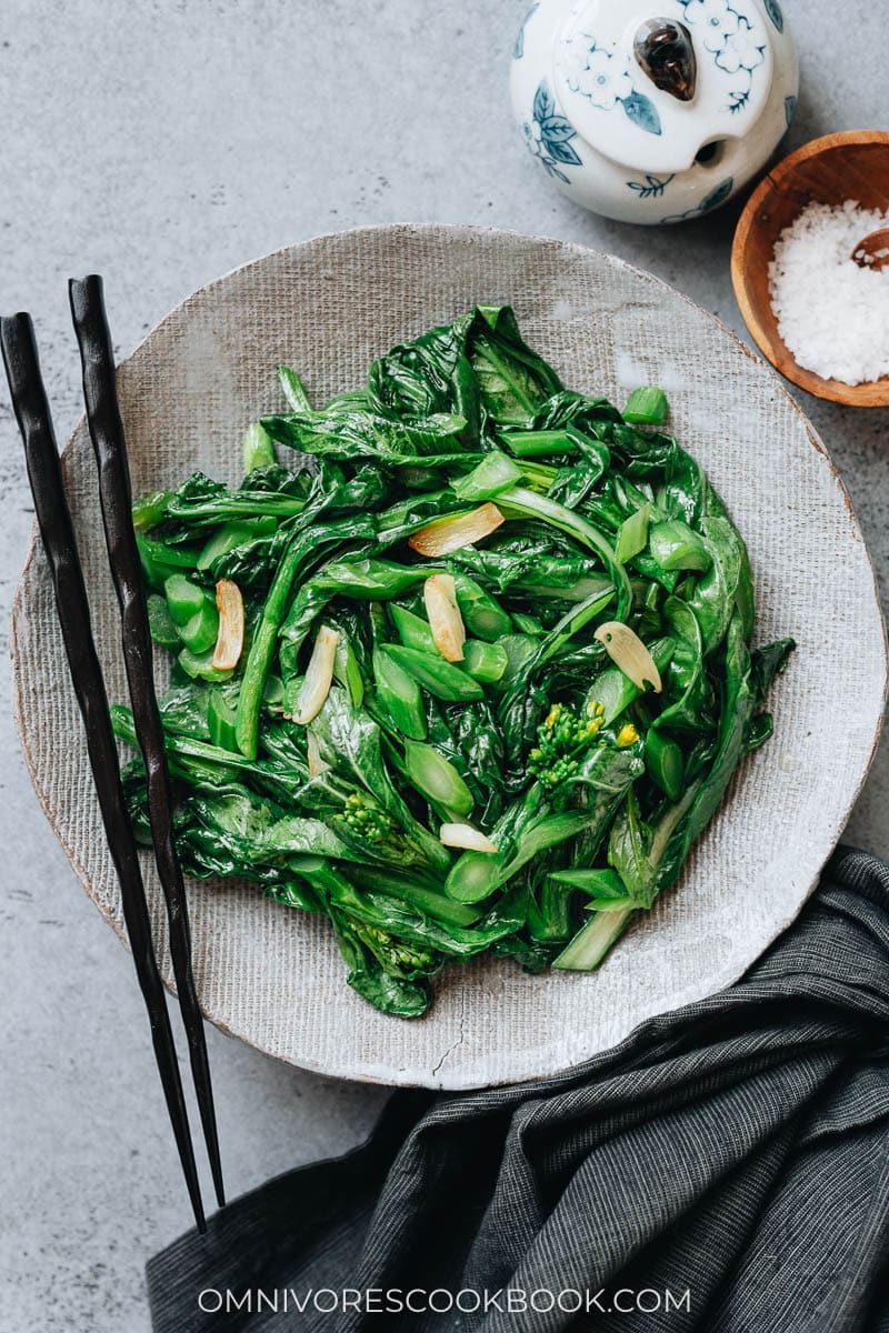 Homemade yu choy stir fry